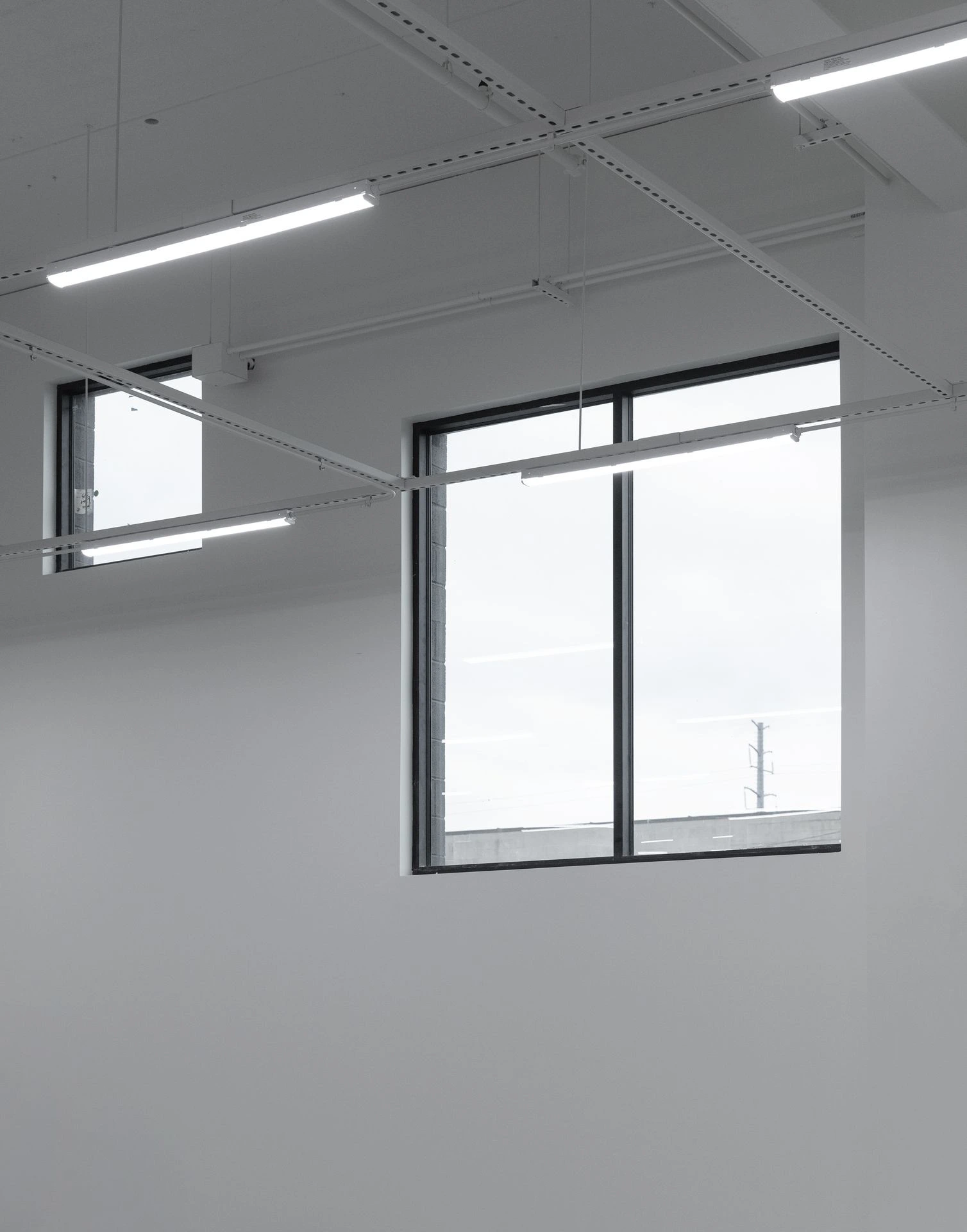 Interior view looking up toward high-set office windows and minimalist overhead linear lighting fixtures.
