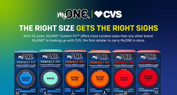 myONE Product Lineup An advertisement for myONE Custom Fit condoms in partnership with CVS. The top features the text "THE RIGHT SIZE GETS THE RIGHT SIGHS" against a blue and green gradient background. Below, six different condom boxes are displayed, ranging from "Super Snug" (blue) to "Super Wide" (red), with varying lengths from 5.2 inches to 8.5 inches.