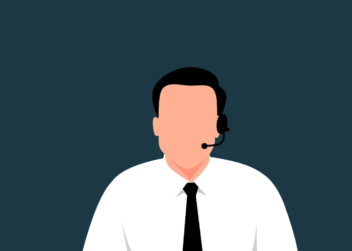A minimalist flat illustration of a male customer support representative from the chest up, wearing a white shirt, black tie, and a black headset with a microphone against a dark blue background.