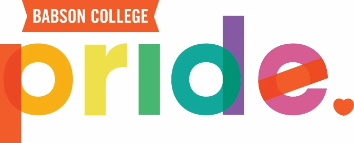 Colorful "Babson College Pride" logo featuring overlapping multi-colored letters and a small heart icon.