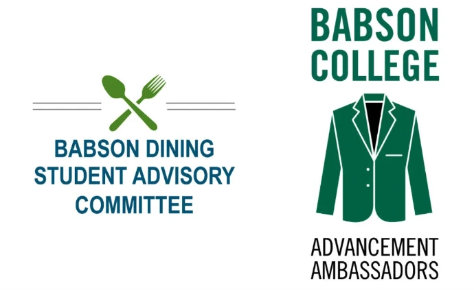Professional logos for the Babson Dining Student Advisory Committee and the Babson College Advancement Ambassadors featuring a green blazer icon.