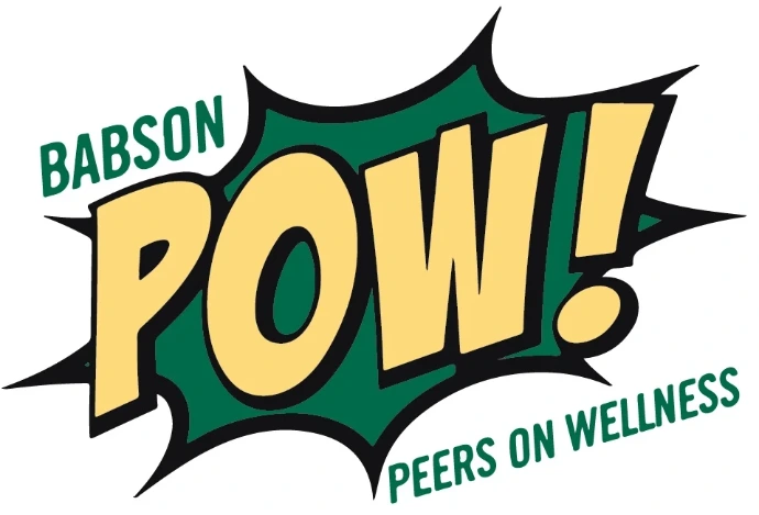 Graphic logo for Babson POW! Peers on Wellness, featuring a green and yellow comic book style "POW!" burst.