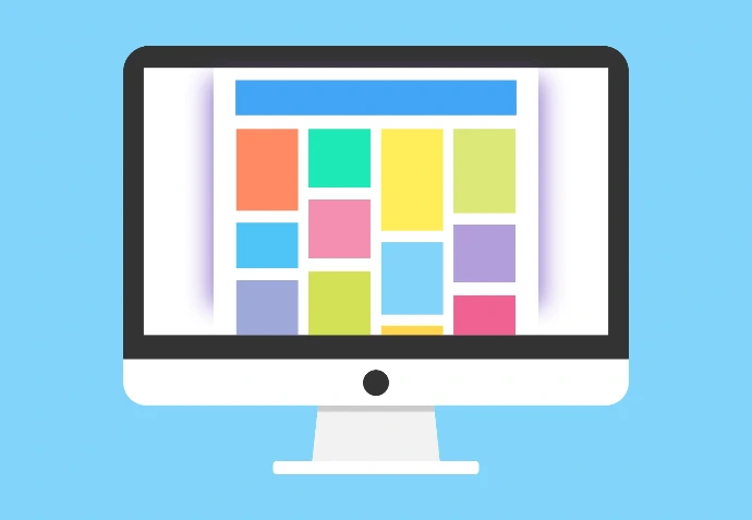 A minimalist computer monitor icon displaying a colorful modular grid layout, symbolizing digital organization and UI design.