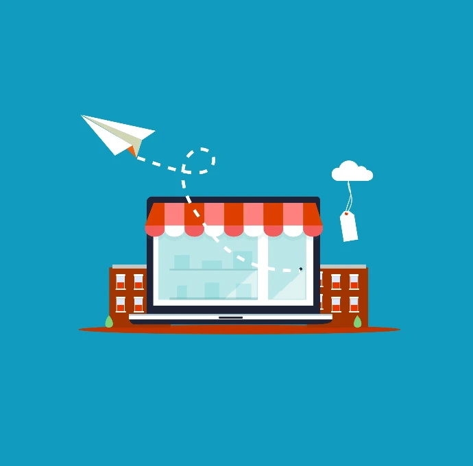 Flat design illustration of a laptop transformed into a storefront with a red awning, representing the integration of traditional retail and e-commerce.