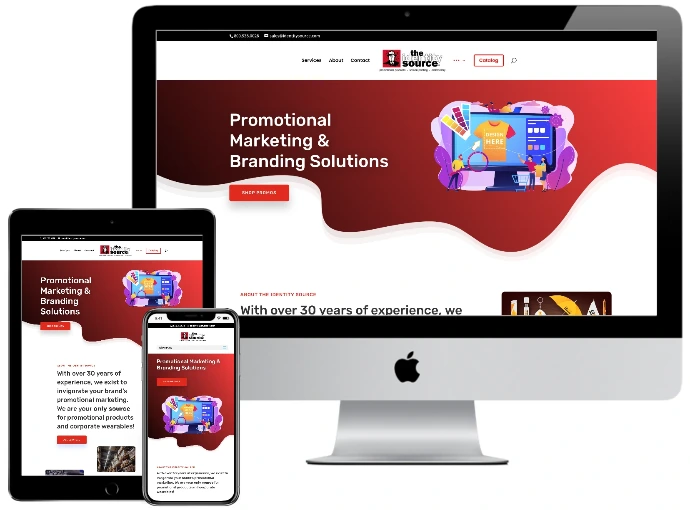 A responsive website design mockup shown on an iMac, iPad, and iPhone, showcasing a branding and promotional marketing interface.