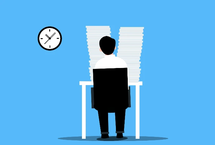 Conceptual illustration of a digital consultant managing time, ideas, and communication using a laptop.
