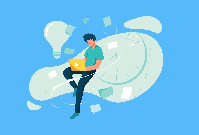 Illustration of a person sitting at a desk facing large stacks of paperwork with a clock on the wall.