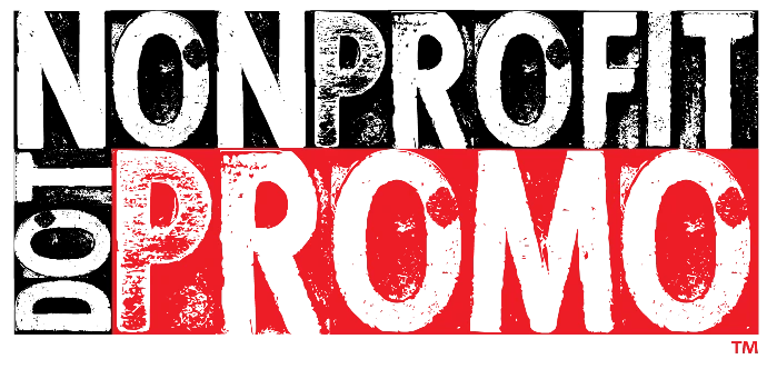 High-contrast, distressed-style logo for Nonprofit Promo featuring bold white text on black and red backgrounds.