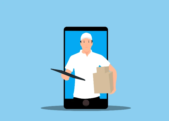 Minimalist vector illustration of a delivery person in a white uniform emerging from a smartphone screen holding a package and a clipboard.