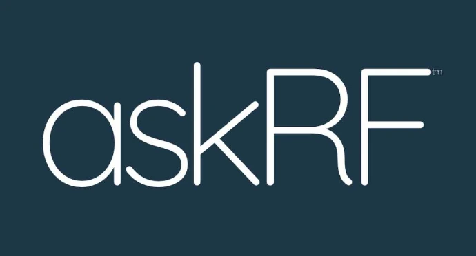 Minimalist logo for askRF featuring white, thin-line lowercase typography on a dark navy blue background with a TM symbol.